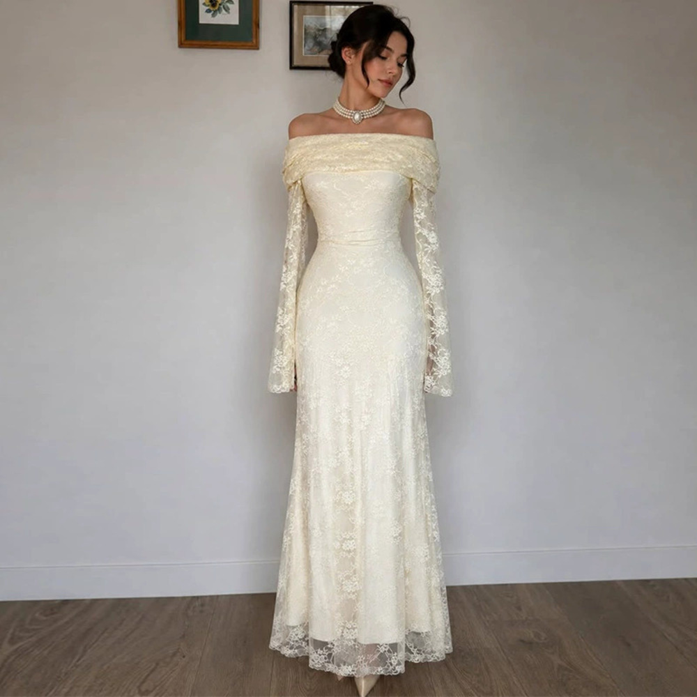 Forever 21 Off-Shoulder Long-Sleeve Lace Waist Cinching White Maxi Dress